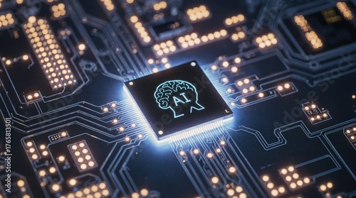 Close up of a glowing ai chip on a futuristic circuit board
