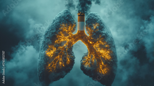 Lungs shaped smoke with lit cigarette; symbolizing smoking hazards and respiratory health risks