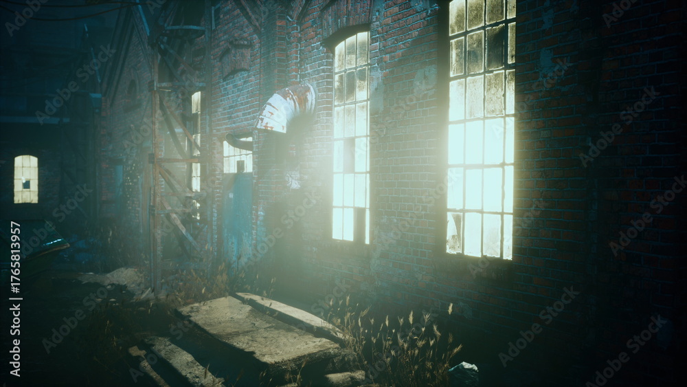 Fototapeta premium In a dimly lit alley, a deserted warehouse stands with glowing windows. Overgrown weeds surround cracked pavement, hinting at forgotten tales. Shadows play around the building, creating mystery.