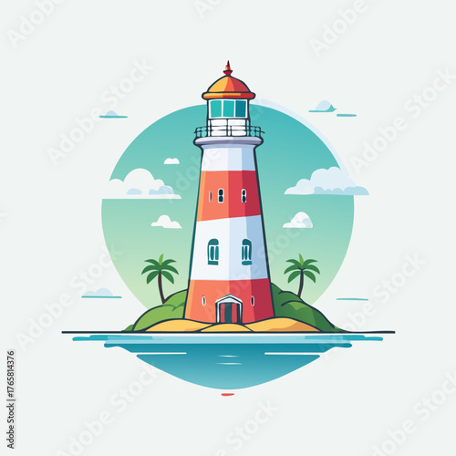 A charming lighthouse stands tall on a small island, surrounded by calm blue waters and a clear sky, guiding ships safely to shore.