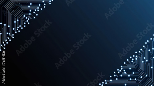 Abstract blue circuit board pattern with glowing lights on dark background