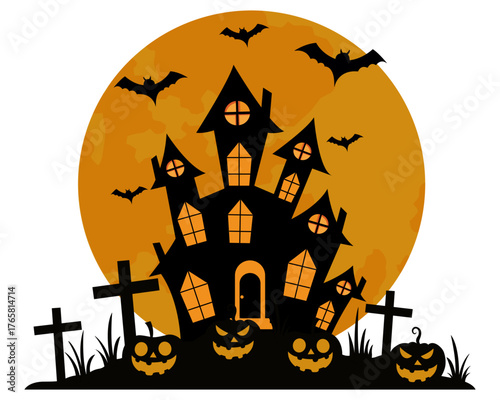 Spooky Halloween haunted house with pumpkins, bats and full moon in the background vector illustration