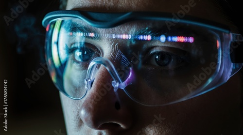 Close up of a person wearing protective goggles with colorful reflections