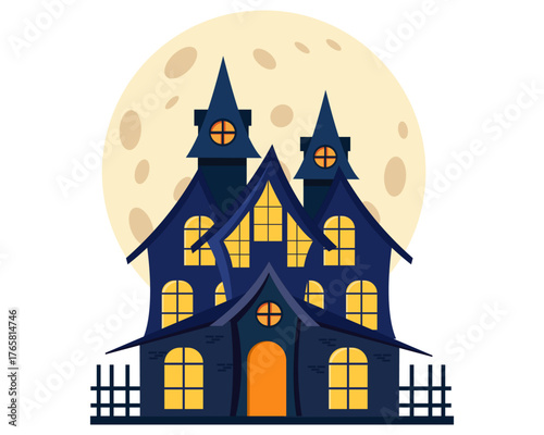 spooky halloween haunted house with full moon vector illustration