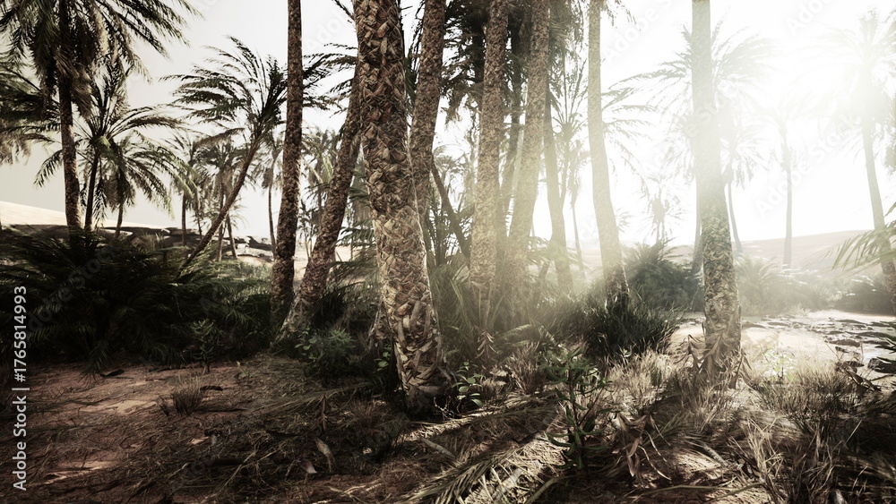 Naklejka premium Golden rays of sunlight pour through tall palm trees in a serene desert oasis. Lush greenery contrasts with the warm sandy ground, creating a peaceful atmosphere.