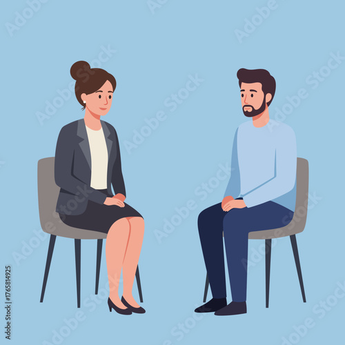 A man seeks guidance from a female psychologist in a session, discussing mental well-being, emotional stress, and the role of climate psychology