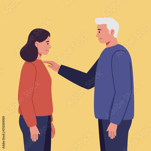 Comforting touch A man gently places his hand on a woman's shoulder, offering solace and support in a moment of shared emotion