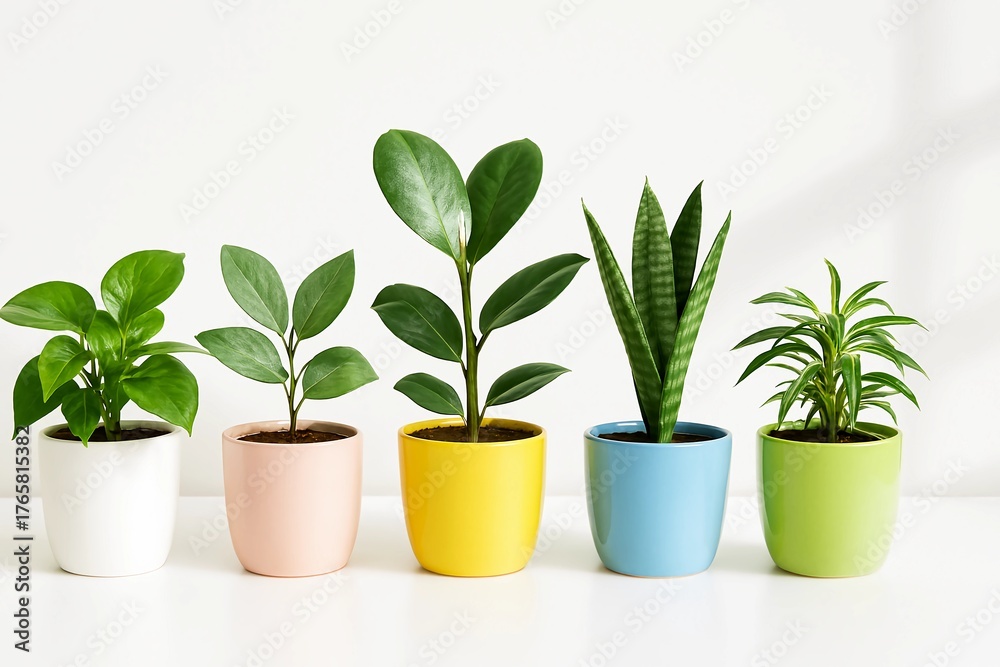 Fototapeta premium Five potted plants in a row on a white surface