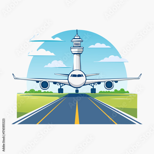 Airplane on runway with control tower in background.