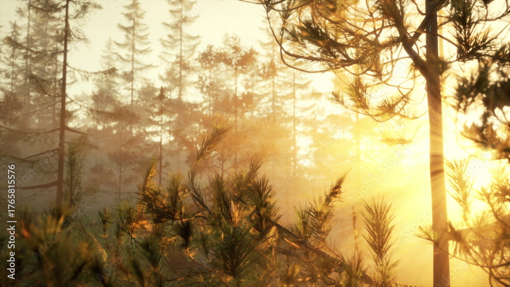 Fototapeta premium Golden sunlight breaks through the tall trees in a tranquil forest. The mist enhances the peaceful atmosphere, inviting calm and reflection at the start of the day.