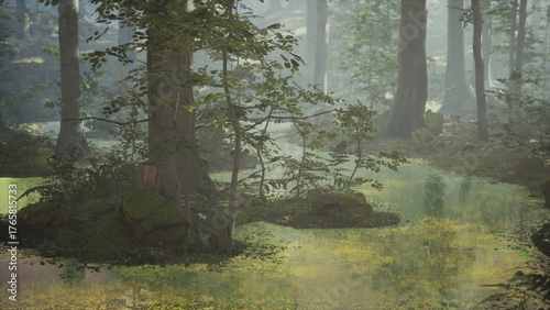 Fotografie Tall trees surround a tranquil pond reflecting soft morning light