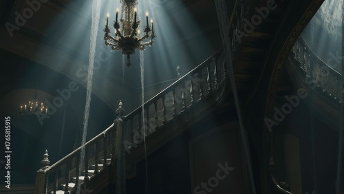 a dark gothic interior of a haunted mansion with grand stairs an luxury decorated lamps 3d render