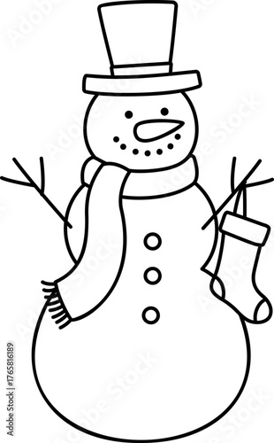 Snowman character outline .
Winter Christmas snowman coloring page and template isolated.
Transparent background. SVG.