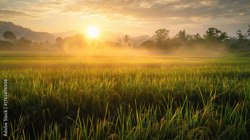 Fototapeta premium Sunrise over lush rice fields rural landscape nature photography serene environment wide-angle view tranquil beauty