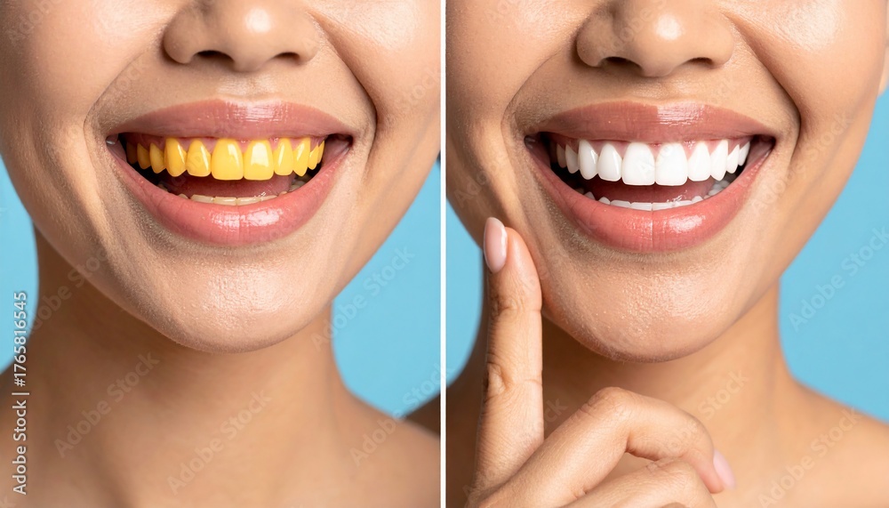 Fototapeta premium Dental transformation visual of teeth whitening, comparison of yellow and white smiles
