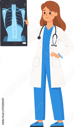 Female doctor reviewing chest xray in hospital radiology room illustration