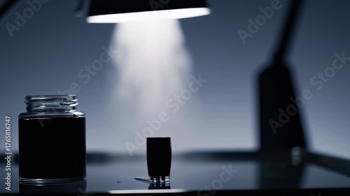 Dark laboratory scene with a jar and a glass under a spotlight.