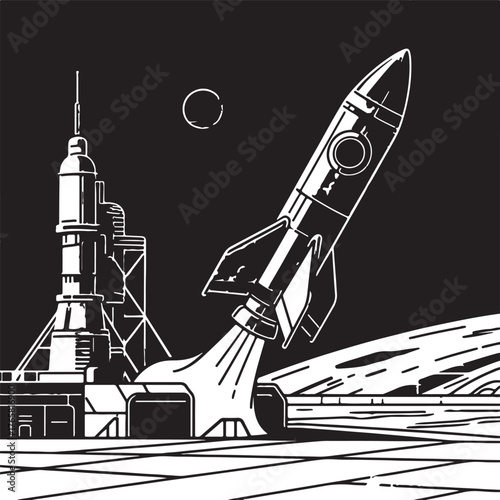 A vintage rocket blasts off from the moon's surface, with a launch tower and distant planet in the background. Black and white illustration.