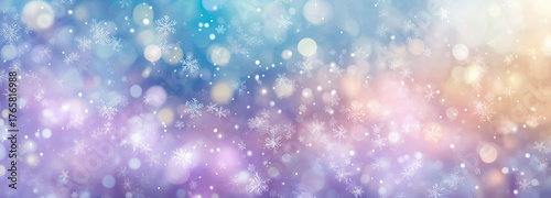 Christmas winter blurred dreamy background, Christmas tree decorated with garland lights and snowflakes, festive celebration atmosphere background, widescreen backdrop. New Year art design, widescreen
