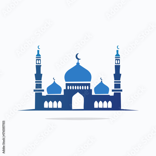 Blue Mosque Silhouette with Minarets and Crescent Moon.