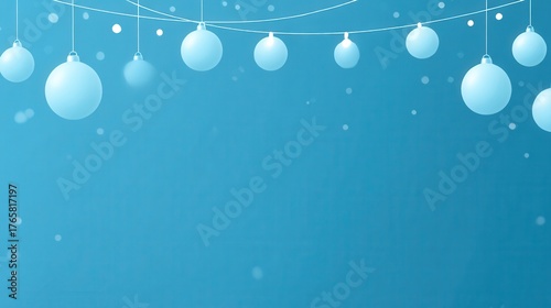A serene blue background featuring hanging white Christmas ornaments and falling snowflakes, perfect for holiday-themed designs and decorations.