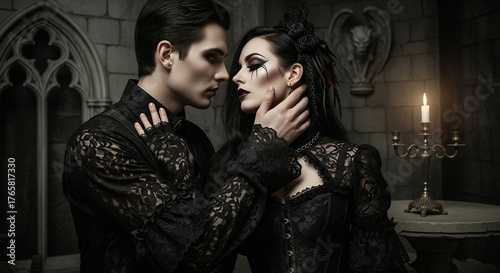 Gothic couple in love in dark light with black makeup