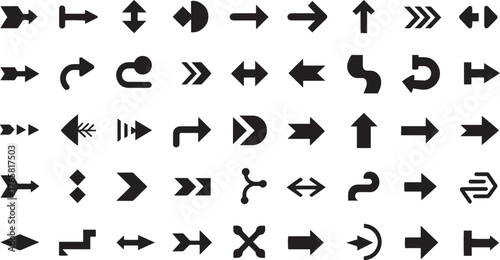 Big set of arrow icons Various black glyph direction signs Collection of pointers cursors and navigation symbols for UI UX web and app design Vector flat illustration