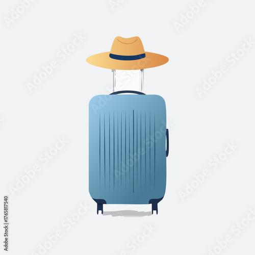 Blue suitcase with a hat ready for vacation travel.