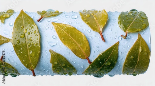 Close-up of fresh green leaves with water droplets on a blue surface, creating a refreshing and natural atmosphere, ideal for nature-themed projects.