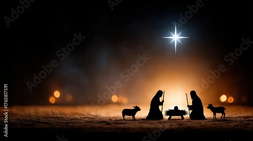 A serene nativity scene featuring silhouettes of Mary, Joseph, and baby Jesus with animals, illuminated by a bright star in a dark setting.
