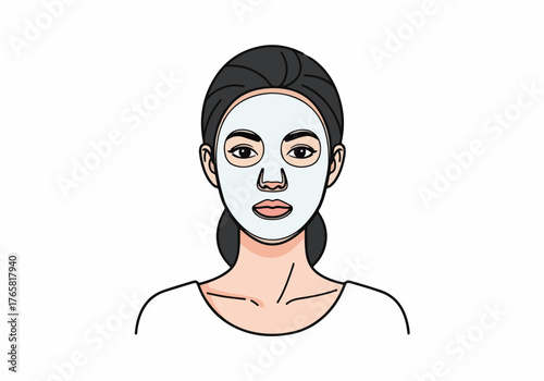 Woman with a cosmetic sheet mask for a beauty treatment. Skincare and self-care routine concept. Simple flat line art graphic