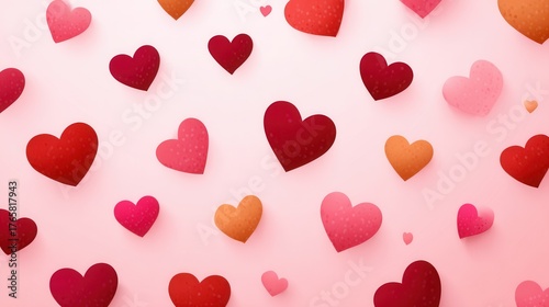 A vibrant arrangement of various hearts in shades of red and pink on a soft pink background, ideal for romantic and love-themed projects.