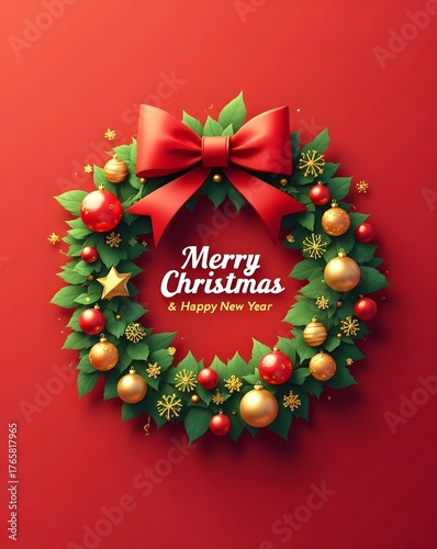 Festive christmas wreath with red bow and ornaments on a red background