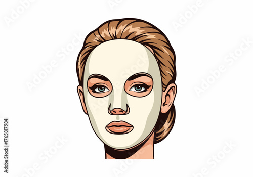 Woman with a cosmetic face mask for a beauty treatment. Pop art style graphic for skincare and self-care concepts