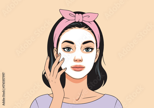 A woman applying a cosmetic face mask for a beauty routine. Pop art style graphic for skincare and self-care concepts