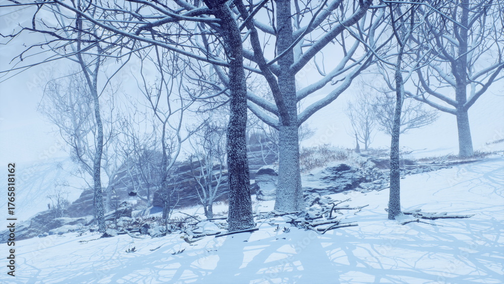 Obraz premium A peaceful winter scene showcases tall, bare trees surrounded by a thick blanket of snow. Delicate snowflakes fall softly, creating a tranquil atmosphere in a remote location.