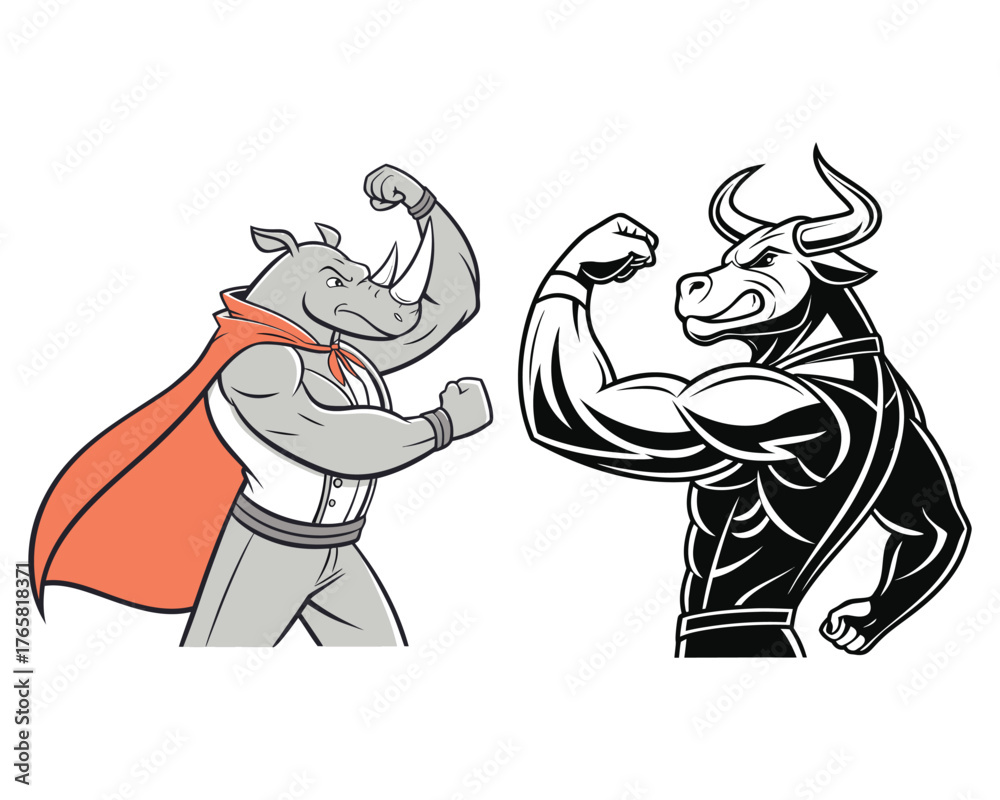 Fototapeta premium A cartoon illustration of a rhino in a superhero cape and a powerful bull flexing their strong arms against each other