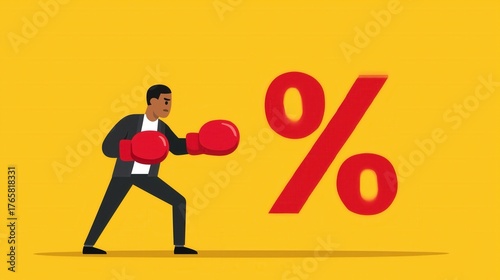 A businessman in boxing gloves prepares to strike a large percent symbol, symbolizing competition and sales promotions in a vibrant setting.