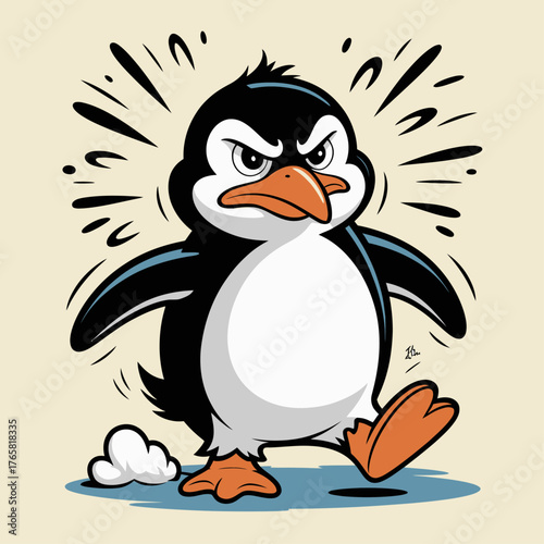 A cartoon illustration of an angry-looking penguin with a black and white color scheme. The penguin has a large orange beak, black eyes, and is drawn in a stylized.