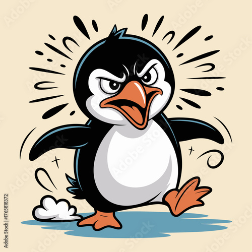 A cartoon illustration of an angry-looking penguin with a black and white color scheme. The penguin has a large orange beak, black eyes, and is drawn in a stylized.