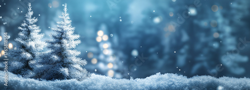 Christmas winter blurred dreamy background, Christmas tree decorated with garland lights and snowflakes, festive celebration atmosphere background, widescreen backdrop. New Year art design, widescreen