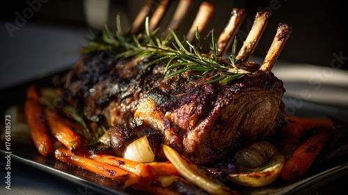 Crown roast of lamb perfectly cooked garnished with fresh rosemary sprigs on bed of roasted root vegetables, dramatic side lighting creating deep shadows highlighting savory texture.