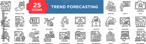 25 Line icons illustrating Trend Forecasting Perfect for, analytics, trends, data mining, decision, predictive insights.