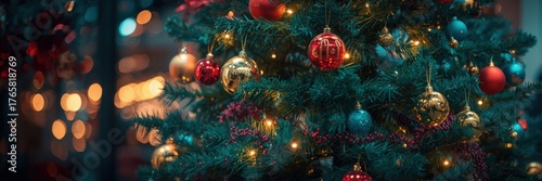A close-up showcases a decorated Christmas tree with red and gold ornaments. Concept of holiday cheer, festive celebrations, and winter traditions.