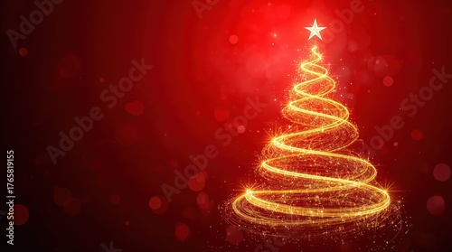 A vibrant, golden Christmas tree sparkles against a deep red background. Concept of festive cheer, holiday magic, and joyful celebration.
