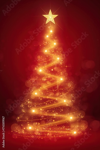 A vibrant, golden Christmas tree sparkles against a deep red background. Concept of festive cheer, holiday magic, and joyful celebration.