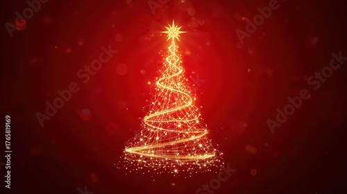 A vibrant, golden Christmas tree sparkles against a deep red background. Concept of festive cheer, holiday magic, and joyful celebration.