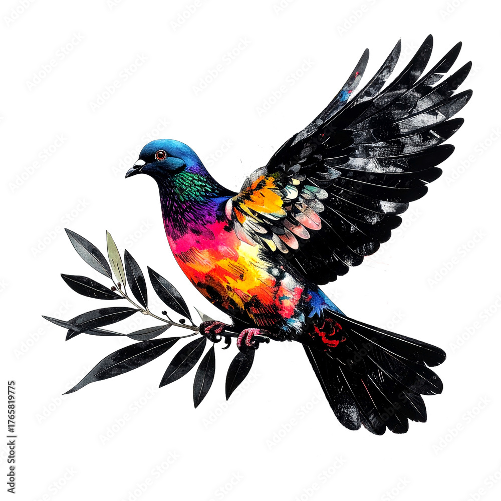 Obraz premium Peaceful dove carrying an olive branch. Mixed media art with vivid colors, blending soft tones with bold, black charcoal outlines. Bird.