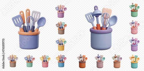 Collection of kitchen utensils in holders, various colors, 3D render.