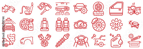 Red Line Art Icons Representing Car Services and Parts